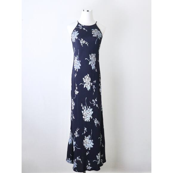 Vintage 1990s Size 4 Rayon Slinky Maxi Dress Navy Blue Floral Print - Picture 2 of 10